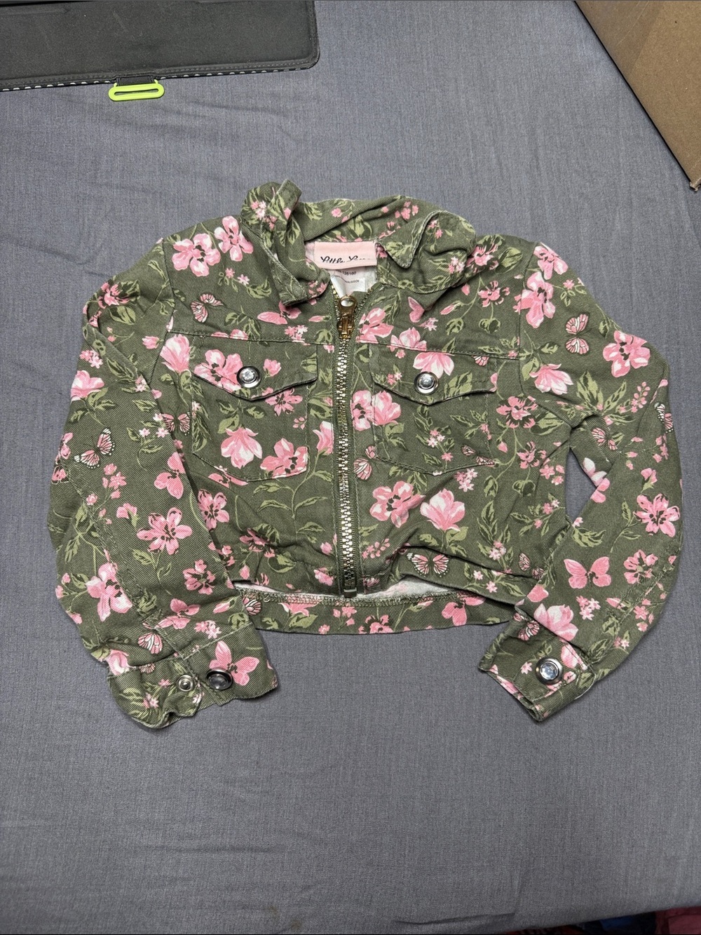 Little Lass Olive Green Jacket with Pink Floral Accents